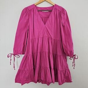 Zara V neck boxy fit babydoll dress puff sleeve tiered hot pink poplin cotton M